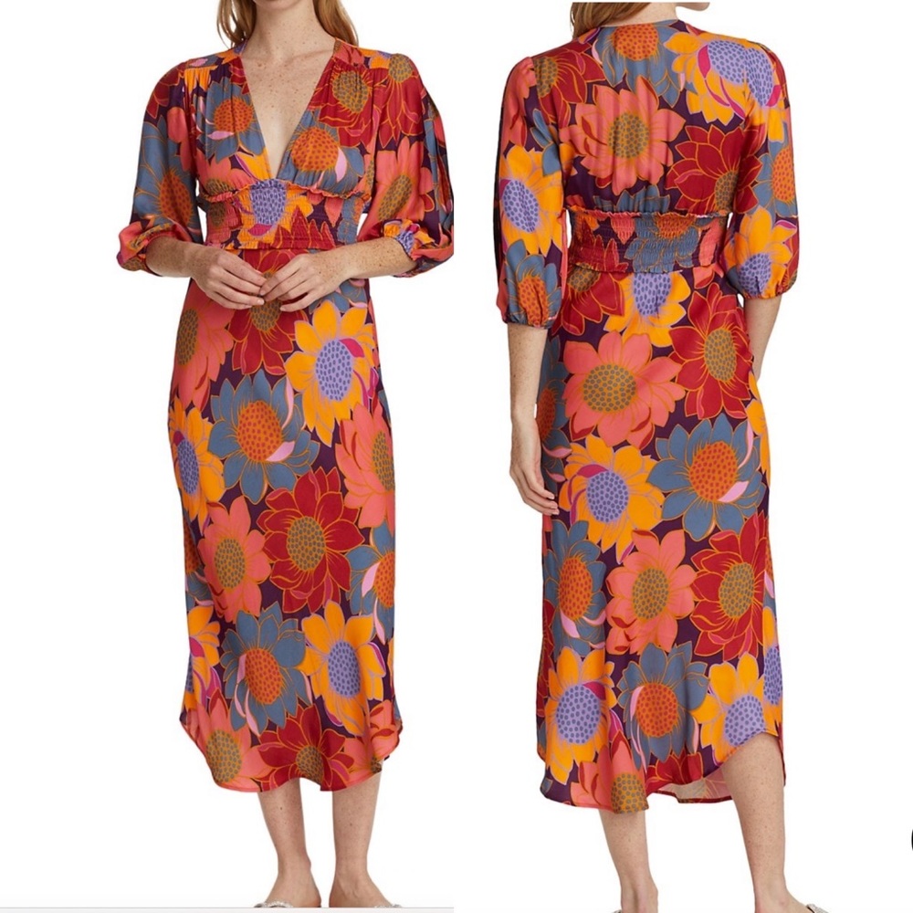 Farm Rio Dress Midi “Floral Dots” Smocked Waist Low V Neck NWT Sz XS